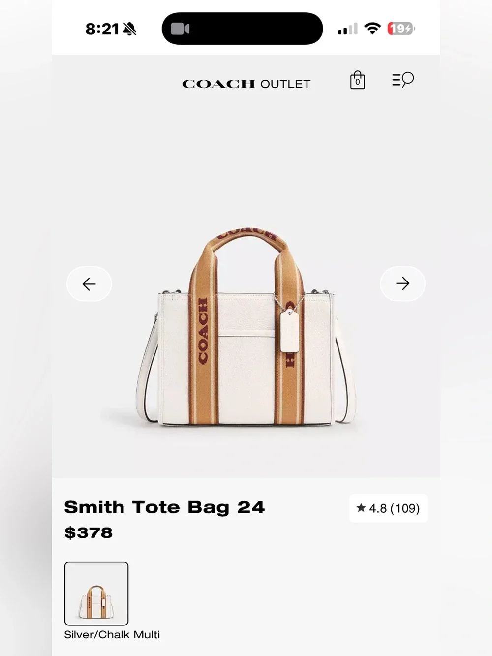 Coach Silver/Chalk Tote with Tan Stripe Handles
